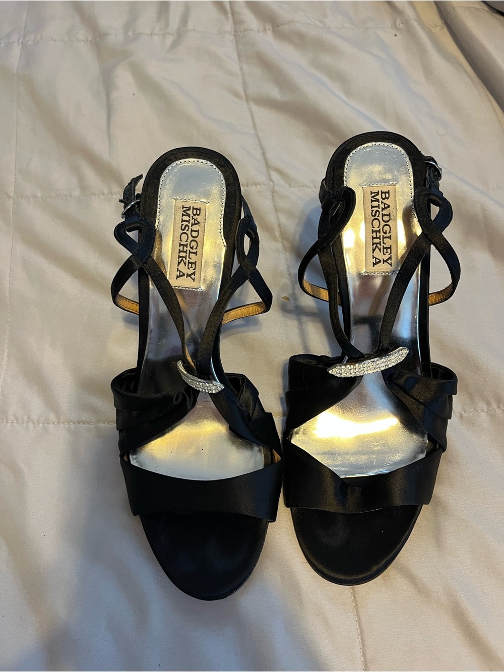 Badgley Mischka Black Satin Slingback Heels with Crystal Accent